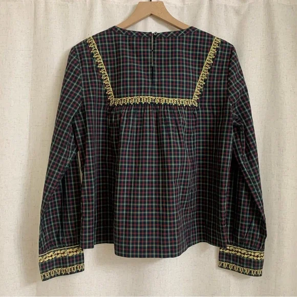 J. Crew Holiday Tartan Plaid Embroidered Gold Popover Peasant Blouse Medium - Picture 2 of 7